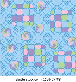 A seamless editable pattern consisting of smoothed squares divided into parts and with a twist in the middle. The background is a texture consisting of wafer diamonds.