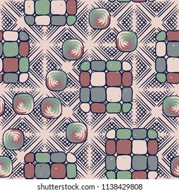 A seamless editable pattern consisting of smoothed squares divided into parts and with a twist in the middle. The background is a texture consisting of wafer diamonds.