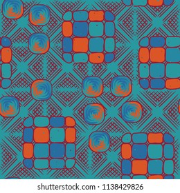 A seamless editable pattern consisting of smoothed squares divided into parts and with a twist in the middle. The background is a texture consisting of wafer diamonds.