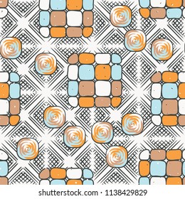 A seamless editable pattern consisting of smoothed squares divided into parts and with a twist in the middle. The background is a texture consisting of wafer diamonds.