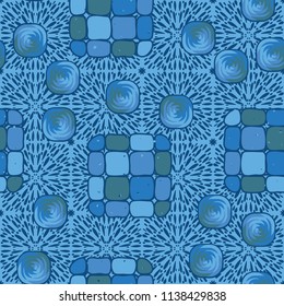 A seamless editable pattern consisting of smoothed squares divided into parts and with a twist in the middle. The background is a texture consisting of square liquid explosions.