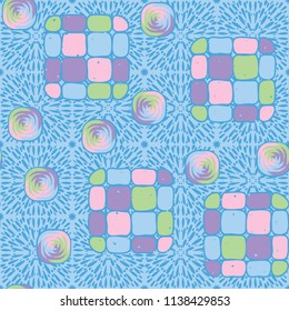 A seamless editable pattern consisting of smoothed squares divided into parts and with a twist in the middle. The background is a texture consisting of square liquid explosions.
