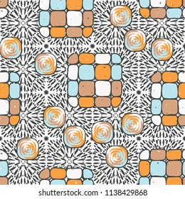 A seamless editable pattern consisting of smoothed squares divided into parts and with a twist in the middle. The background is a texture consisting of square liquid explosions.