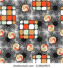 A seamless editable pattern consisting of smoothed squares divided into parts and with a twist inside.
The background is a texture consisting of square suns.