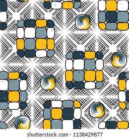 A seamless editable pattern consisting of smoothed squares divided into parts and with a twist in the middle. The background is a texture consisting of wafer diamonds.