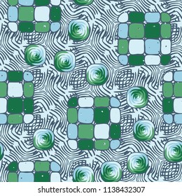A seamless editable pattern consisting of smoothed squares divided into parts and with a twist inside.
The background is an abstract network consisting of lined lines.