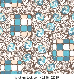 A seamless editable pattern consisting of smoothed squares divided into parts and with a twist inside.
The background is an abstract network consisting of lined lines.