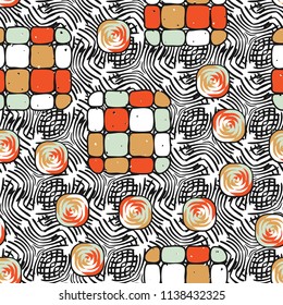 A seamless editable pattern consisting of smoothed squares divided into parts and with a twist inside.
The background is an abstract network consisting of lined lines.