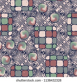A seamless editable pattern consisting of smoothed squares divided into parts and with a twist inside.
The background is an abstract network consisting of lined lines.