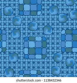 A seamless editable pattern consisting of smoothed squares divided into parts and with a twist in the middle. The background is a texture consisting of squares and four-petalled flowers.