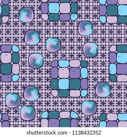 A seamless editable pattern consisting of smoothed squares divided into parts and with a twist in the middle. The background is a texture consisting of squares and four-petalled flowers.