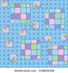 A seamless editable pattern consisting of smoothed squares divided into parts and with a twist in the middle. The background is a texture consisting of squares and four-petalled flowers.