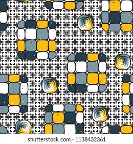 A seamless editable pattern consisting of smoothed squares divided into parts and with a twist in the middle. The background is a texture consisting of squares and four-petalled flowers.