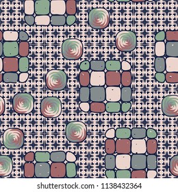 A seamless editable pattern consisting of smoothed squares divided into parts and with a twist in the middle. The background is a texture consisting of squares and four-petalled flowers.