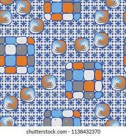 A seamless editable pattern consisting of smoothed squares divided into parts and with a twist in the middle. The background is a texture consisting of squares and four-petalled flowers.