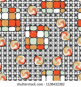 A seamless editable pattern consisting of smoothed squares divided into parts and with a twist in the middle. The background is a texture consisting of squares and four-petalled flowers.