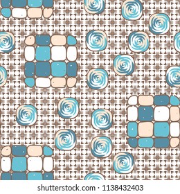 A seamless editable pattern consisting of smoothed squares divided into parts and with a twist in the middle. The background is a texture consisting of squares and four-petalled flowers.