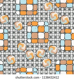 A seamless editable pattern consisting of smoothed squares divided into parts and with a twist in the middle. The background is a texture consisting of squares and four-petalled flowers.