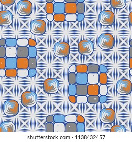 A seamless editable pattern consisting of smoothed squares divided into parts and with a twist in the middle. The background is a texture consisting of rhombs drawn with wedge-shaped strokes.
