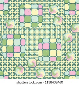 A seamless editable pattern consisting of smoothed squares divided into parts and with a twist in the middle. The background is a texture consisting of squares and four-petalled flowers.