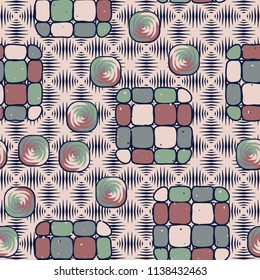 A seamless editable pattern consisting of smoothed squares divided into parts and with a twist in the middle. The background is a texture consisting of rhombs drawn with wedge-shaped strokes.