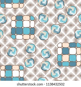A seamless editable pattern consisting of smoothed squares divided into parts and with a twist in the middle. The background is a texture consisting of rhombs drawn with wedge-shaped strokes.