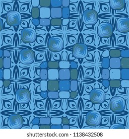 A seamless editable pattern consisting of smoothed squares divided into parts and with a twist in the middle. The background is a texture consisting of eight-petalled fantastic flowers.