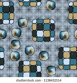 A seamless editable pattern consisting of smoothed squares divided into parts and with a twist in the middle. The background is a texture consisting of concentric squares.
