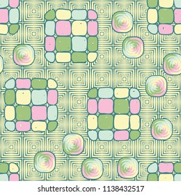 A seamless editable pattern consisting of smoothed squares divided into parts and with a twist in the middle. The background is a texture consisting of concentric squares.
