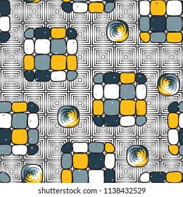 A seamless editable pattern consisting of smoothed squares divided into parts and with a twist in the middle. The background is a texture consisting of concentric squares.
