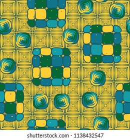 A seamless editable pattern consisting of smoothed squares divided into parts and with a twist in the middle. The background is a texture consisting of concentric squares.
