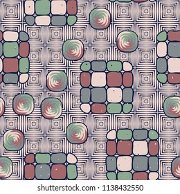 A seamless editable pattern consisting of smoothed squares divided into parts and with a twist in the middle. The background is a texture consisting of concentric squares.
