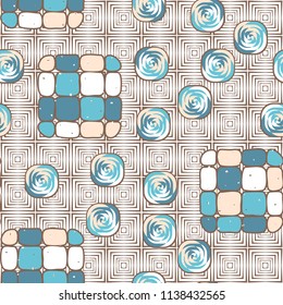 A seamless editable pattern consisting of smoothed squares divided into parts and with a twist in the middle. The background is a texture consisting of concentric squares.
