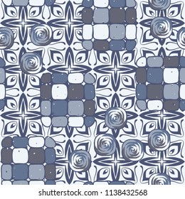 A seamless editable pattern consisting of smoothed squares divided into parts and with a twist in the middle. The background is a texture consisting of eight-petalled fantastic flowers.