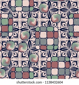 A seamless editable pattern consisting of smoothed squares divided into parts and with a twist in the middle. The background is a texture consisting of eight-petalled fantastic flowers.