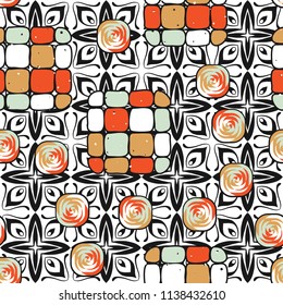 A seamless editable pattern consisting of smoothed squares divided into parts and with a twist in the middle. The background is a texture consisting of eight-petalled fantastic flowers.