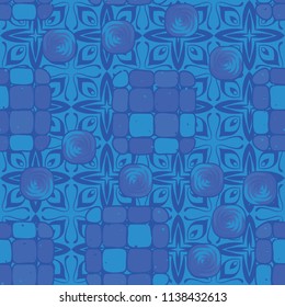 A seamless editable pattern consisting of smoothed squares divided into parts and with a twist in the middle. The background is a texture consisting of eight-petalled fantastic flowers.