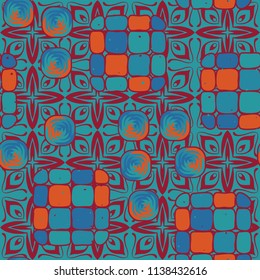 A seamless editable pattern consisting of smoothed squares divided into parts and with a twist in the middle. The background is a texture consisting of eight-petalled fantastic flowers.