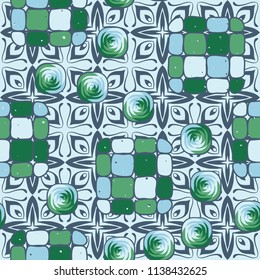 A seamless editable pattern consisting of smoothed squares divided into parts and with a twist in the middle. The background is a texture consisting of eight-petalled fantastic flowers.