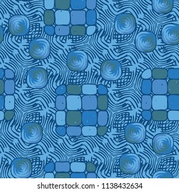 A seamless editable pattern consisting of smoothed squares divided into parts and with a twist inside.
The background is an abstract network consisting of lined lines.