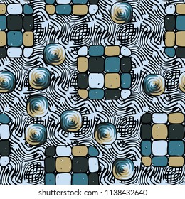 A seamless editable pattern consisting of smoothed squares divided into parts and with a twist inside.
The background is an abstract network consisting of lined lines.