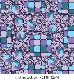A seamless editable pattern consisting of smoothed squares divided into parts and with a twist inside.
The background is an abstract network consisting of lined lines.