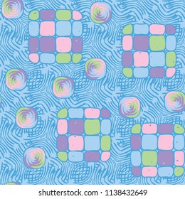 A seamless editable pattern consisting of smoothed squares divided into parts and with a twist inside.
The background is an abstract network consisting of lined lines.