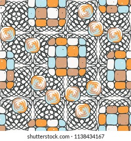 A seamless editable pattern consisting of smoothed squares divided into parts and with a twist in the middle. The background is a texture consisting of square weaves.