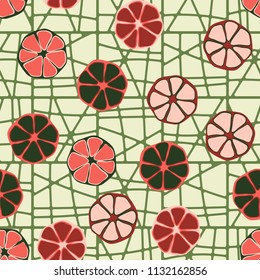 Seamless editable pattern. Elements similar to the cut of citrus. Multicolored texture.
Against the background of a grid of divided squares.