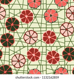 Seamless editable pattern. Elements similar to the cut of citrus. Multicolored texture.
Against the background of a grid of divided squares.