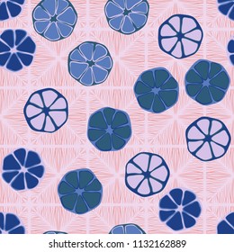 Seamless editable pattern. Elements similar to the cut of citrus. Multicolored texture.
Against the background of a texture of fibrous rhombuses.