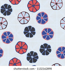 Seamless editable pattern. Elements similar to the cut of citrus. Multicolored texture.
Against the background of a texture of fibrous rhombuses.