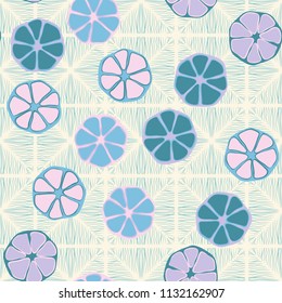Seamless editable pattern. Elements similar to the cut of citrus. Multicolored texture.
Against the background of a texture of fibrous rhombuses.