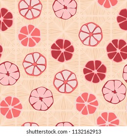 Seamless editable pattern. Elements similar to the cut of citrus. Multicolored texture.
Against the background of a texture of fibrous rhombuses.